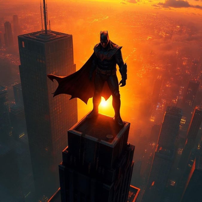 This stunning wallpaper captures the essence of the iconic superhero, Batman, standing atop a towering skyscraper, gazing out over the cityscape at sunset. The image exudes a sense of power, mystery, and vigilance, as Batman's silhouette is set against the vibrant hues of the setting sun.