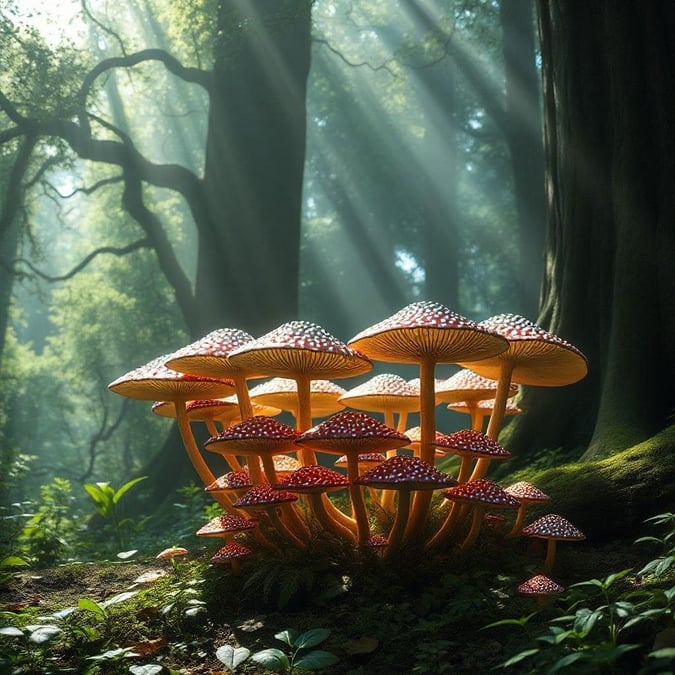 A magical scene from a fantasy world, where the ground is covered in vibrant mushrooms.