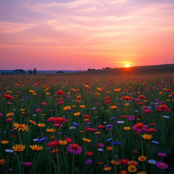 A breathtaking sunset field of flowers, perfect for desktop and mobile wallpapers.