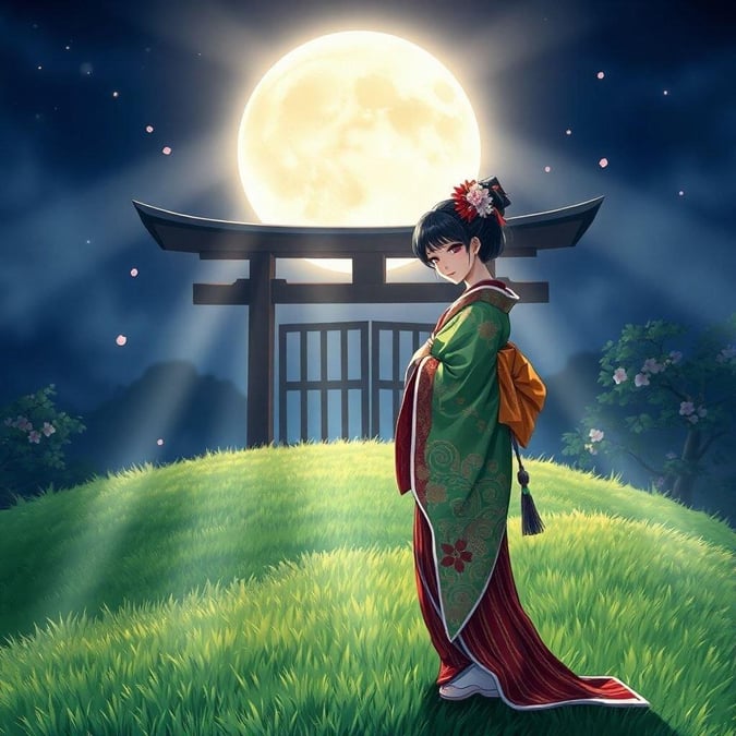 This captivating anime wallpaper features a geisha standing on a grassy hill, set against the backdrop of a moonlit garden gate. The serene atmosphere and detailed digital illustration create a peaceful moment in Japan's era.