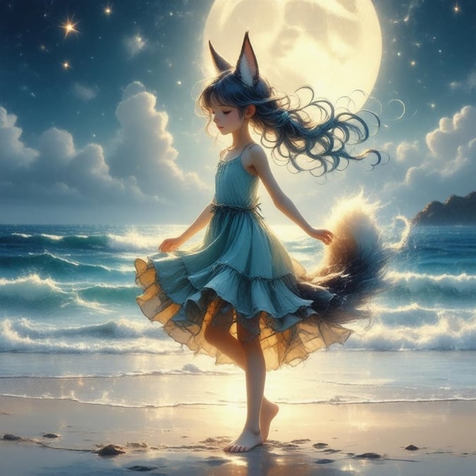 This enchanting anime-style illustration features a young girl with fox ears and nine tails, dancing on the beach under the radiant glow of the moon. Her hair is a mesmerizing blend of blue and green hues, set against a warm and dreamy backdrop.