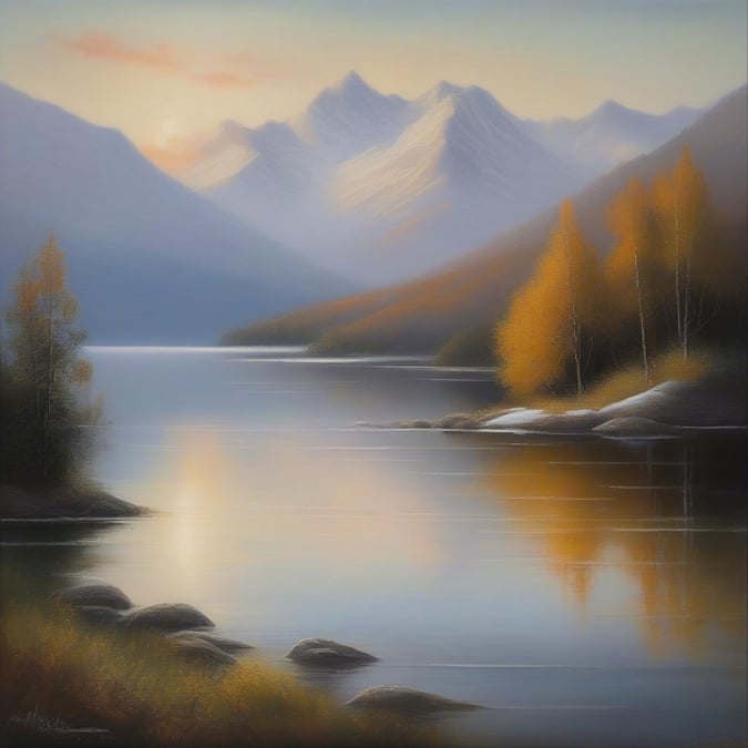 A peaceful landscape featuring majestic mountains, tranquil water, and a hint of sunrise or sunset bathing the scene in warm hues.