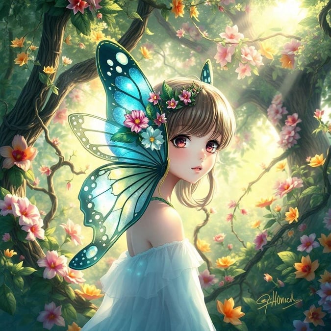 This enchanting wallpaper features a girl with delicate butterfly wings, surrounded by a lush garden of greenery. Her face is adorned with flowers and leaves, adding to the whimsical charm. The artist's signature adds a touch of mystery to this captivating image.