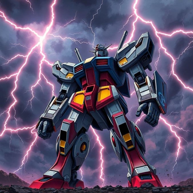 This wallpaper features a dynamic pose of a Gundam robot, a classic anime character, set against a dramatic backdrop of lightning and clouds. The image showcases the robot's intricate design and powerful stance, making it a great choice for fans of the Gundam franchise.