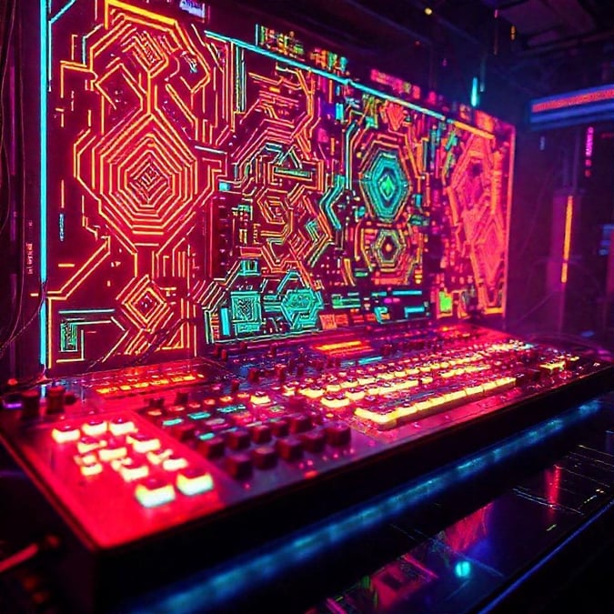 Illuminated with vibrant neon lights, this music studio desktop features digital artwork on the monitor, ready to inspire creativity.