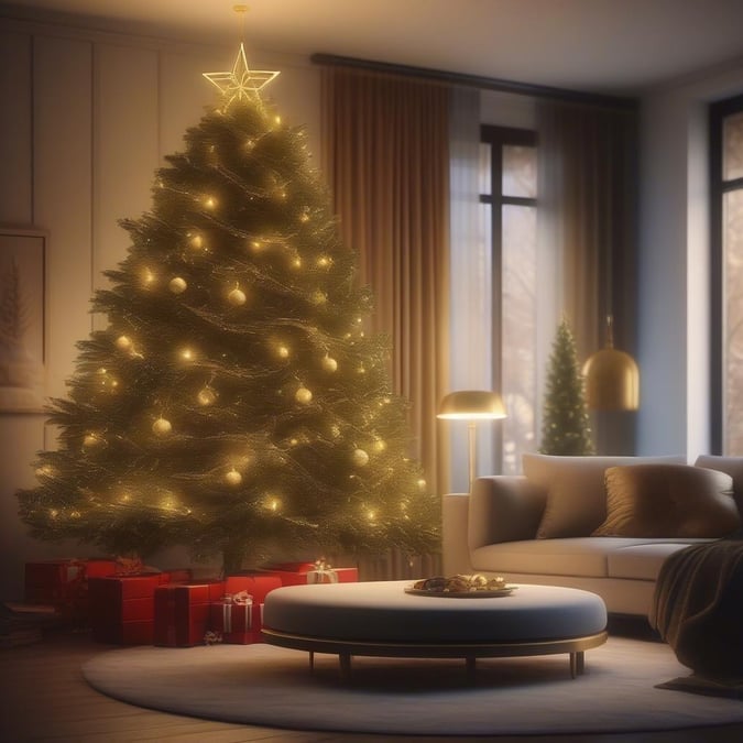 This festive scene captures the warmth and joy of Christmas time. The living room glows with a soft light, highlighting the beautifully decorated Christmas tree adorned in gold lights.