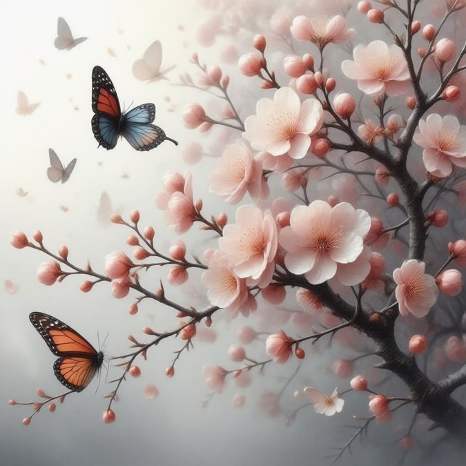 Immerse yourself in the serene beauty of this cherry blossom anime wallpaper, where delicate flowers and fluttering butterflies create a captivating scene.