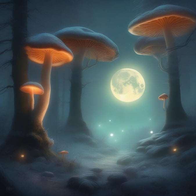 Immerse yourself in the mystical beauty of an enchanted forest, where the ethereal glow of bioluminescent mushrooms guides your way under a full moon. This tranquil landscape is both serene and magical, inviting you to lose yourself in its captivating wonder.