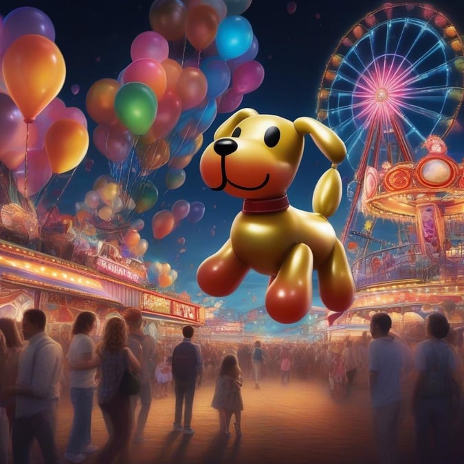 Welcome to the vibrant world of carnivals! This lively wallpaper captures a moment of whimsy and wonder, featuring a cheerful golden dog balloon floating above a bustling fairground at night. With its bright colors and festive atmosphere, this is the perfect backdrop for your digital life.