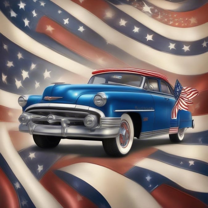 Celebrate the American spirit with this vintage Chevrolet Nomad convertible. The iconic car showcases a patriotic theme with its red and white stripes and an old glory flag on top. Perfect for Independence Day celebrations or showing off your love of classic automobiles.