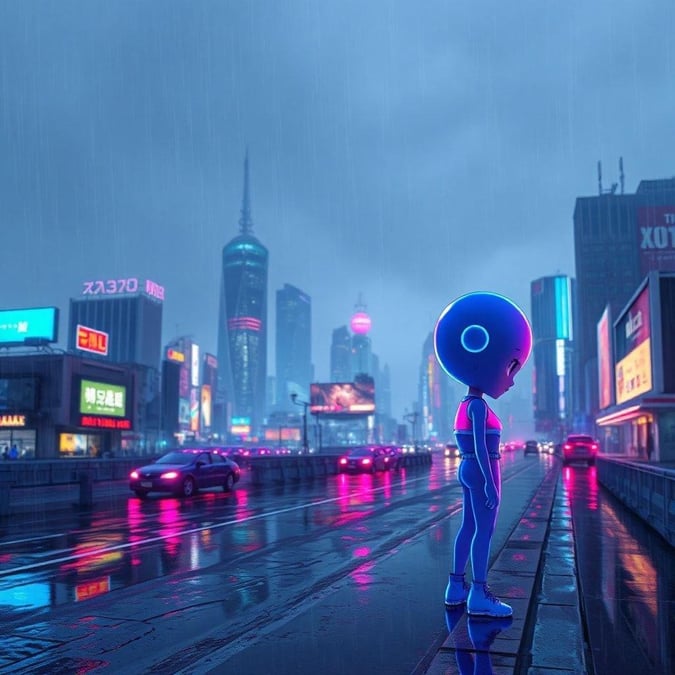 This anime wallpaper features a stunning cityscape at dusk, with a digital illustration of a character with neon lights reflecting off the wet pavement. The character's unique design, with a large, round head and a mix of blue, purple, and pink hues, adds a touch of personality to the scene. The blurry, dark gray sky in the background creates a sense of depth and atmosphere, making this image perfect for desktop and mobile use.