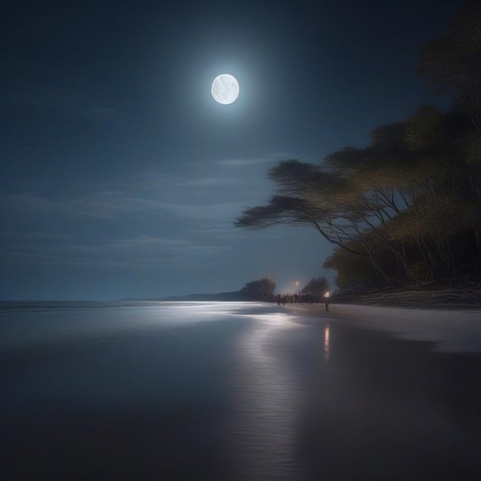 Peaceful evening on a sandy beach, with the silhouette of palm trees against the night sky and a full moon illuminating the scene.