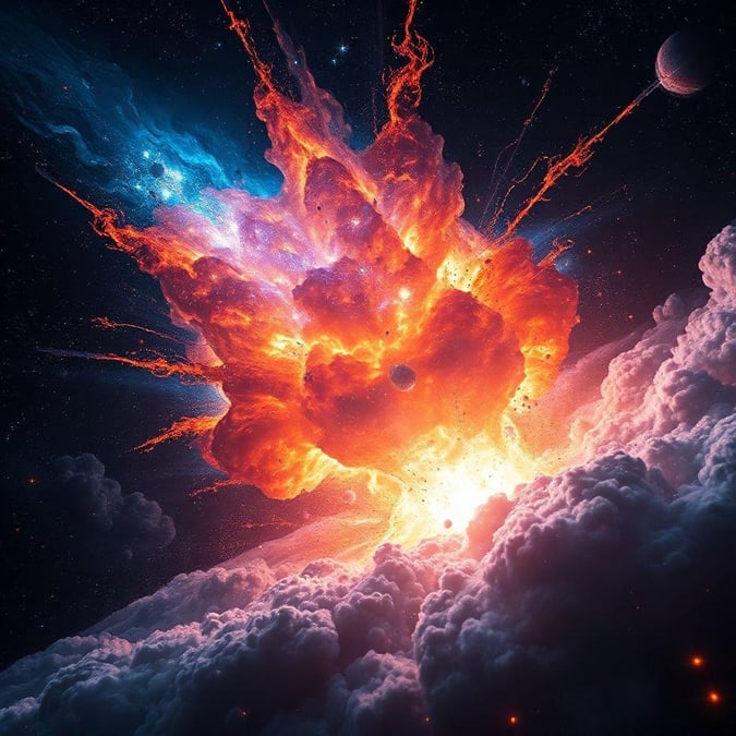 A stunning cosmic event captures your eye as a massive nebula explosion fills the void with radiant energy and fiery spectacle, set against the backdrop of an expansive galaxy.