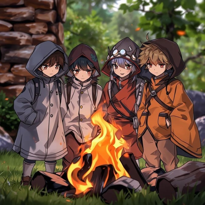 Gather 'round the campfire with this vibrant anime wallpaper, featuring a group of four kites in casual attire, each with a unique color and shapeshifting style. The bright orange campfire with a small flame at the end adds an anime-like touch to this scenic outdoor setting.