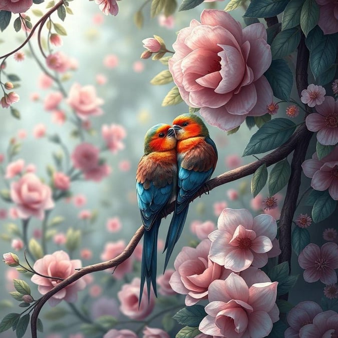 This beautiful wallpaper features two love birds sitting on a branch in a garden, surrounded by pink flowers. The image is perfect for those looking for a romantic and serene desktop or mobile wallpaper.