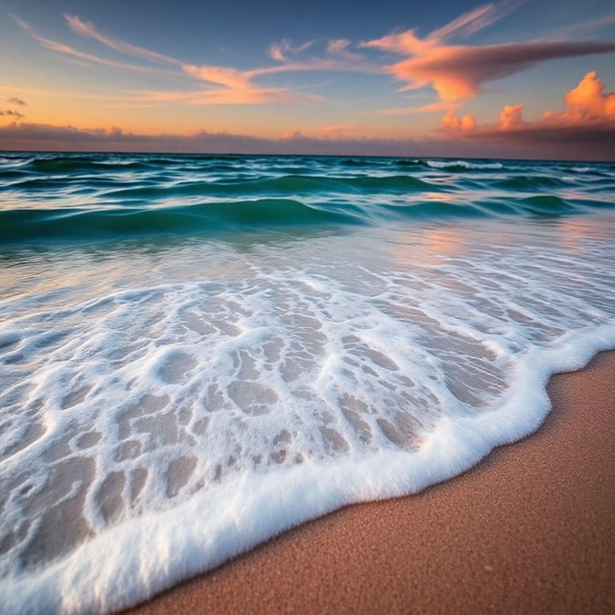 A picturesque scene with the sun dipping below the horizon, casting a warm glow over the serene waters and wet sand. Perfect for a peaceful desktop background.