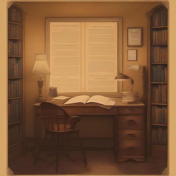 A warm and inviting study scene, with an antique desk and a lamp providing focused light. The desk hosts stacks of books and papers, suggesting someone's intense research or scholarly pursuits.