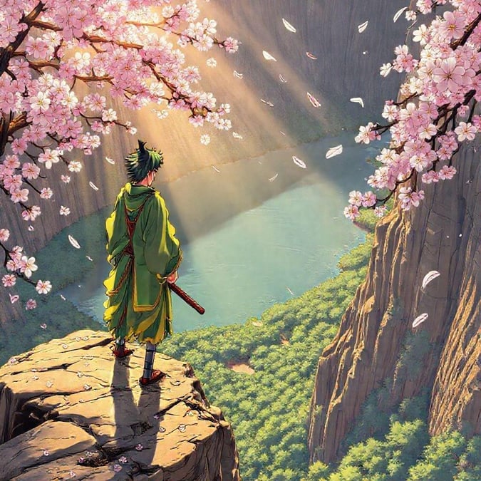 Step into a breathtaking anime world where a young samurai stands atop a cliff, gazing out at a serene lake surrounded by pink and white cherry blossoms. The vibrant green and yellow fur of the samurai contrasts beautifully with the dark brown cliff and lush forest below.