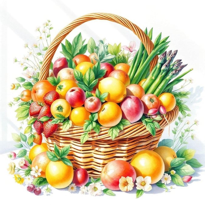 A colorful basket full of vibrant fruits and vegetables, perfect for an Easter celebration.