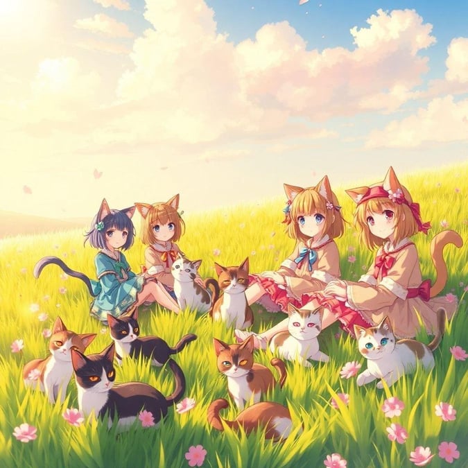 Immerse yourself in the serene beauty of this anime wallpaper, where a group of cat girls relax in a lush grassy field, surrounded by the enchanting presence of cats with sakura-like designs.