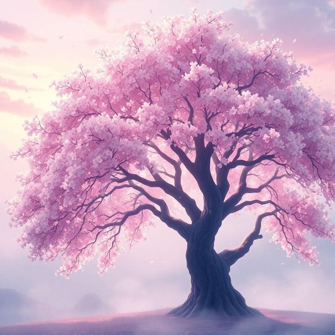 Immerse yourself in the serene beauty of this anime-style cherry blossom tree wallpaper, where a majestic tree blooms with glowing sakura petals in a misty morning, set against a breathtaking sky of pink, purple, and blue hues.