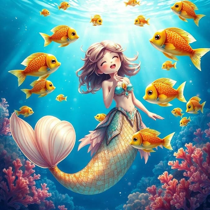 This beautiful anime-style illustration features a mermaid singing to a school of colorful fish in an underwater realm. The mermaid's vibrant yellow and orange body contrasts the deep blue water, while her intricate outfit adds a whimsical touch. The illustration captures a moment of tranquility, focusing on the mermaid's commanding pose and the mysterious fish.