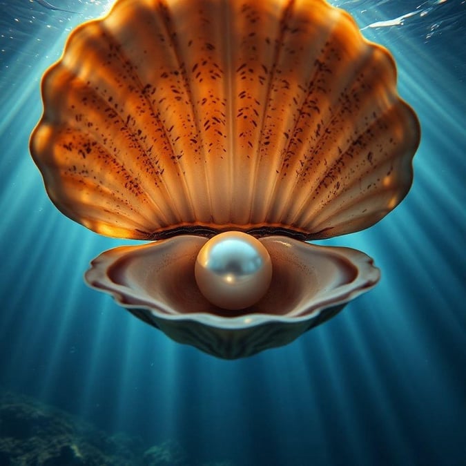 This captivating scene from beneath the sea showcases a single, open seashell. The pearl inside the shell adds a touch of opulence to this marine treasure.