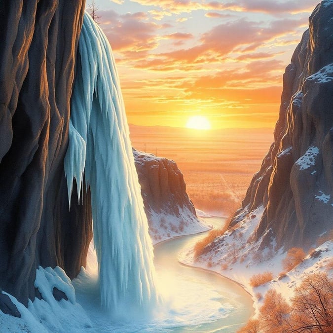 A breathtaking view of a cascading waterfall frozen in time, bathed in the warm glow of a setting sun.