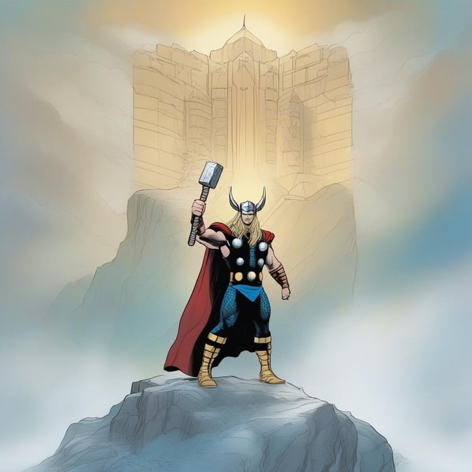 This wallpaper features Thor, the mighty god of thunder from the Marvel Comics universe. He is depicted standing on a rocky outcrop, holding his iconic hammer Mjolnir aloft. The image captures his powerful and heroic presence, making it a great choice for fans of the character and the comic book genre.