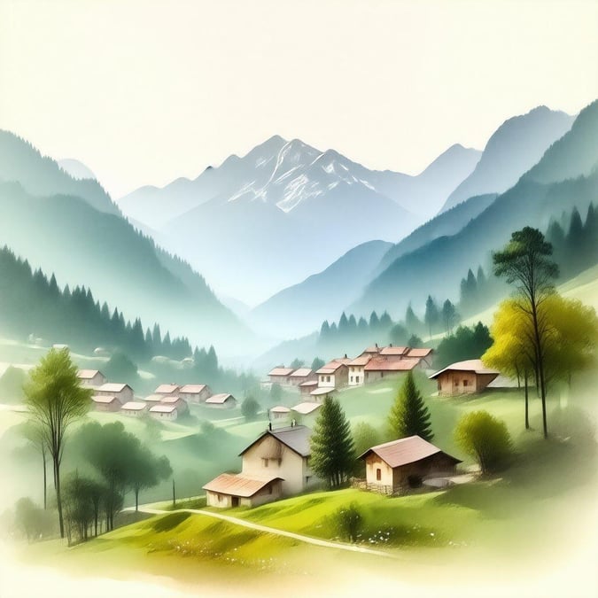 This serene wallpaper features a picturesque mountain village, perfect for desktop and mobile use.