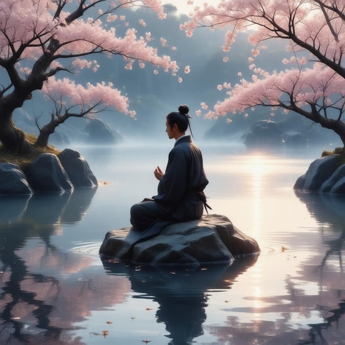 A tranquil anime scene featuring a samurai meditating on a rock surrounded by cherry blossom trees, capturing a moment of serenity.