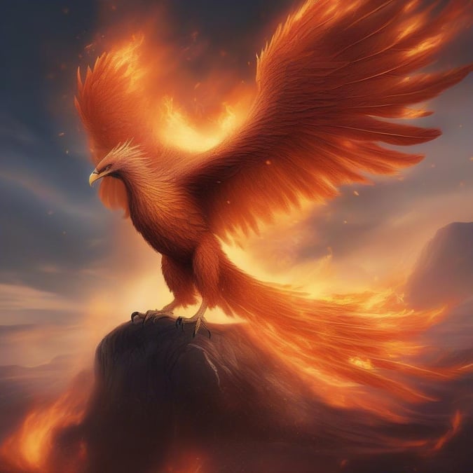 This powerful creature, known as the Flaming Phoenix, stands tall against a dramatic sky backdrop. Its fiery feathers are ablaze, creating an intense contrast with its dark silhouette against the storm clouds. The fantastical elements of this wallpaper make it perfect for those who appreciate imaginative and mystical themes.