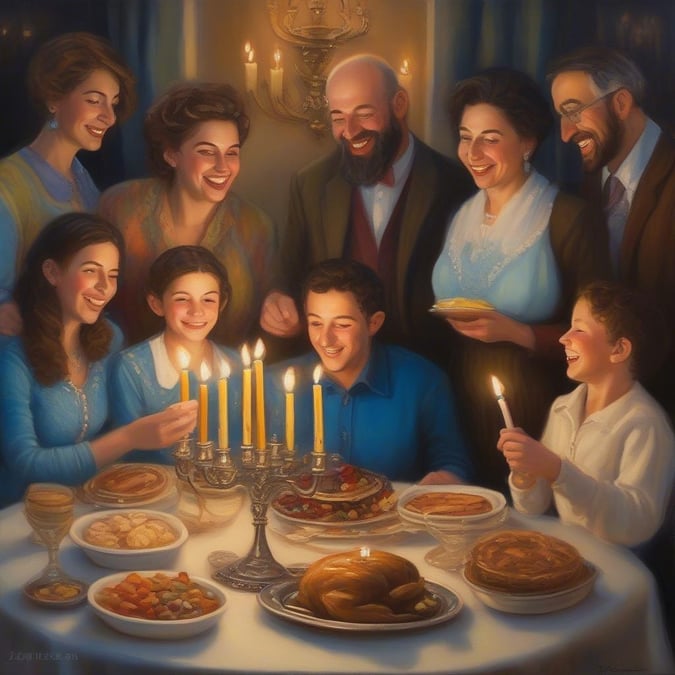 A joyous Hanukkah gathering with family. The warmth and light of the candles fill the room as everyone enjoys traditional foods, such as latkes and sufganiyot.