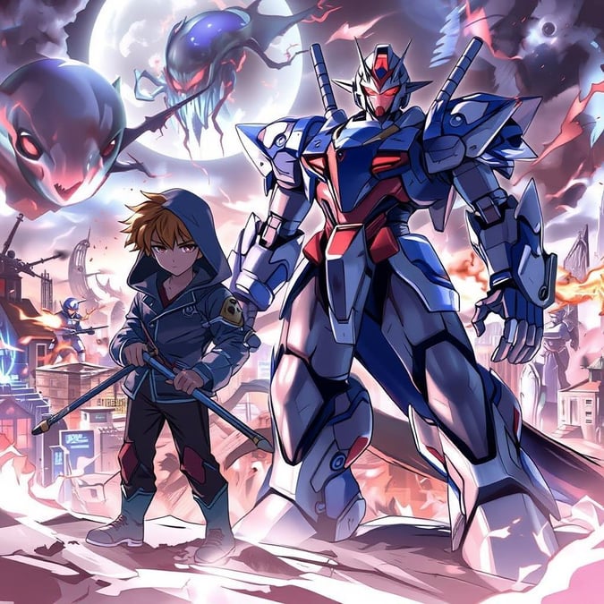 This anime wallpaper features a young boy and a giant robot standing in a cityscape amidst an alien invasion. The boy, dressed in a hooded suit, holds a staff, while the robot, with its glowing red eyes, stands on a hill, also holding a staff. The scene is filled with action and anticipation, as the robot and boy stand out against the alien landscape.