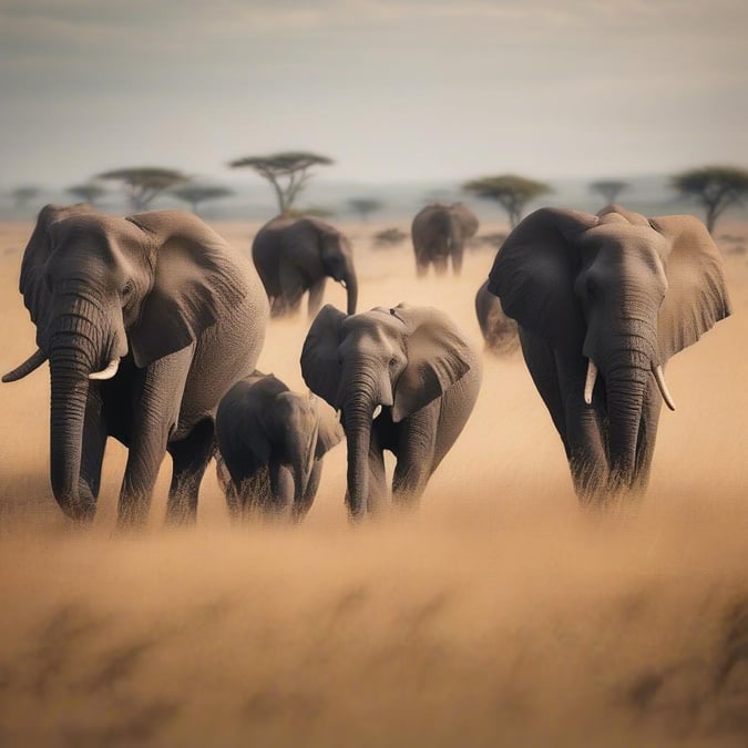 Mother elephant leads her herd across an African savannah, a testament to their enduring strength and family bonds.