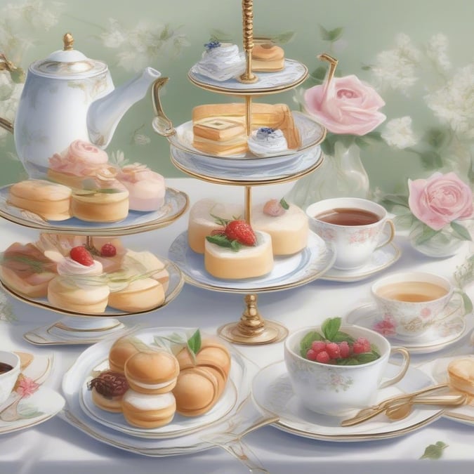 A sumptuous display of delicious pastries, scones, and cakes served on fine china, perfect for a refined afternoon tea.