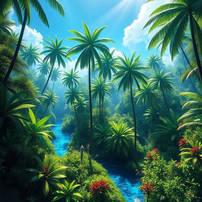 Explore the lush, misty rainforest where nature thrives. A vibrant blue river winds its way through a dense canopy of towering palm trees and ferns. Experience the beauty of this otherworldly landscape.