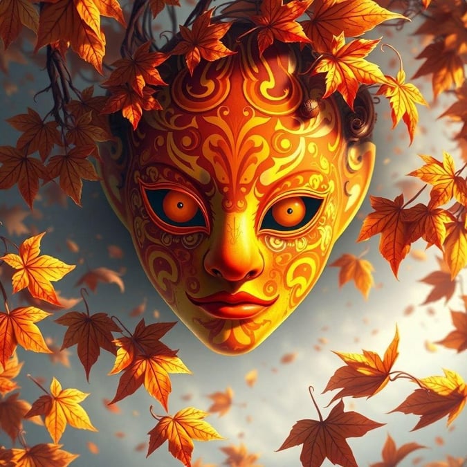 Perdez-vous dans le monde enchanteur de l'anime avec cette illustration numérique vibrante et complexe d'un masque fantastique, entouré de feuilles d'automne tourbillonnantes.