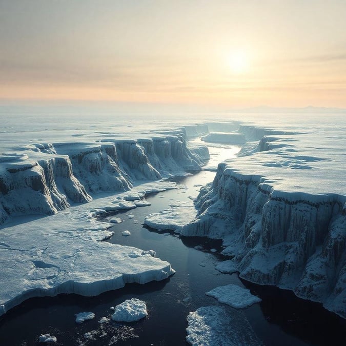 A breathtaking landscape of a frozen lake or river, with towering ice cliffs and a serene atmosphere.