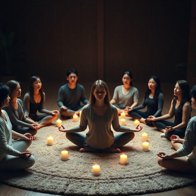 This serene image captures a group of people meditating together, surrounded by candles, exuding a sense of peace and tranquility. The image embodies the essence of mindfulness and collective well-being, inviting viewers to find their inner calm amidst the chaos of daily life.