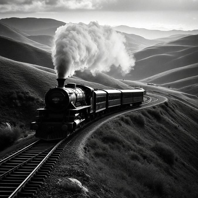 The nostalgic charm of a black and white steam locomotive journeying through the picturesque hills, evoking a bygone era of travel.