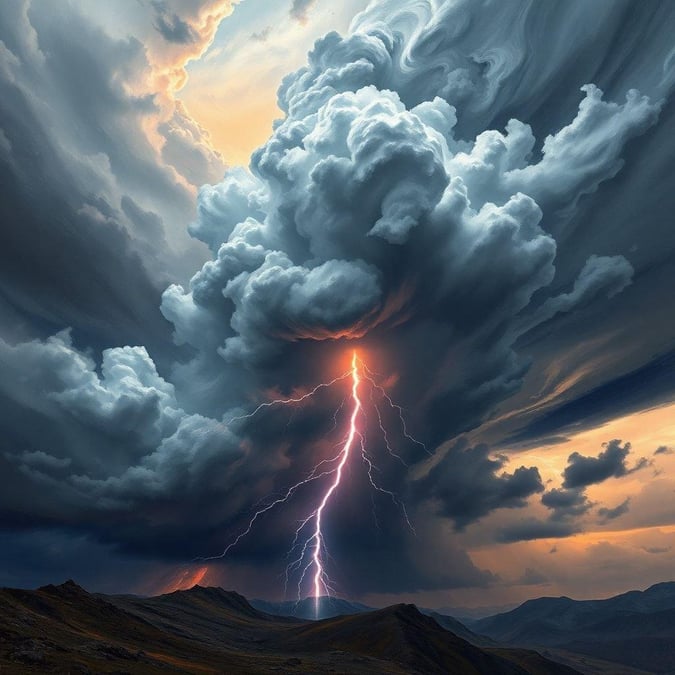 A dramatic scene featuring a massive storm cloud over a mountain range, with lightning striking down to the earth. The image evokes a sense of awe-inspiring nature and the raw power of the elements.