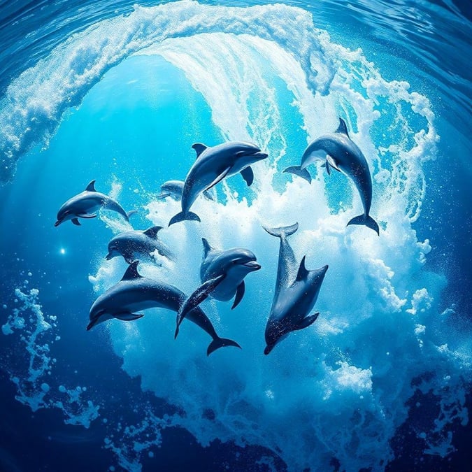 A breathtaking scene from beneath the waves, where six dolphins are captured in mid-swim, their sleek bodies cutting through the azure expanse. The turquoise depths below hint at the vastness of the ocean's mysteries. This image is perfect for desktop and mobile backgrounds, bringing a touch of serenity to your digital world.