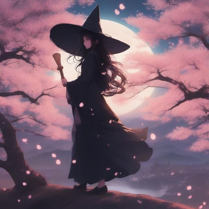 A captivating scene set in an idyllic moonlit night, featuring a witch-like anime character adorned in ethereal attire, standing on a branch overlooking a serene cityscape under the full moon.