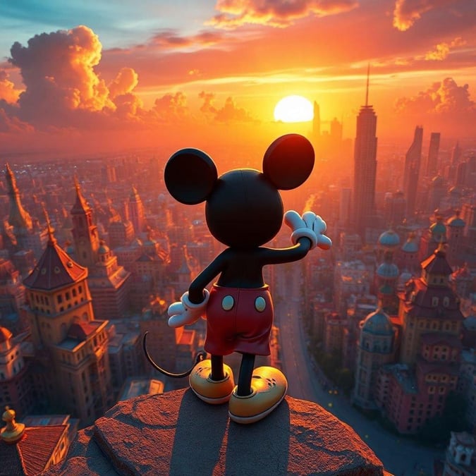 Mickey Mouse gazes into the sunset over a vibrant city skyline, reflecting on life's adventures. Warm and nostalgic.