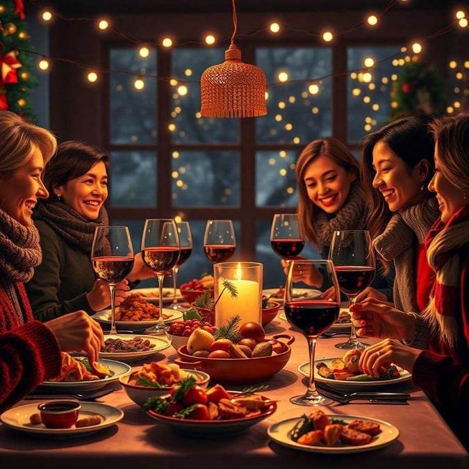 A joyful scene with friends sharing a meal and laughter around a candlelit table, embracing the warmth of festive cheer.