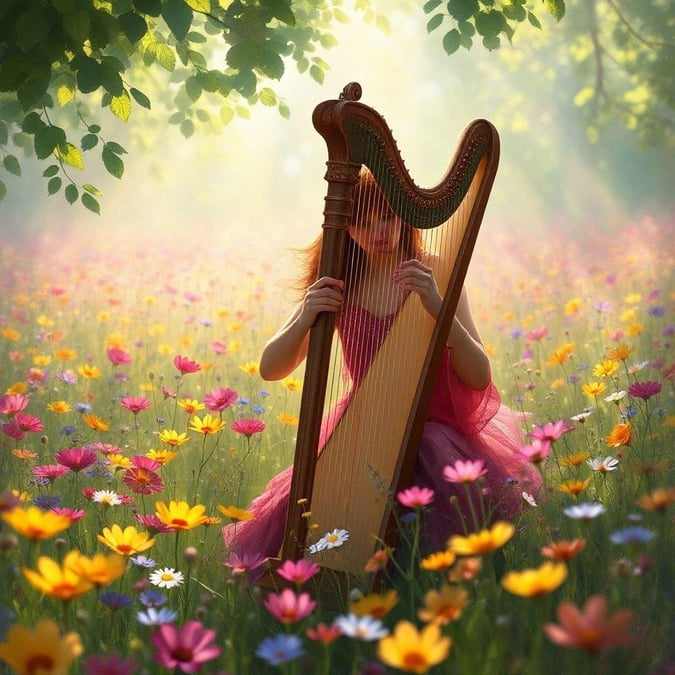 A young girl harmoniously plays her harp amidst a field blooming with flowers, embodying the beauty and tranquility of music.