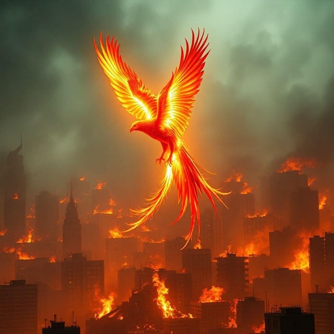 Experience the breathtaking beauty of a phoenix rising from the ashes in this stunning 3D art wallpaper.