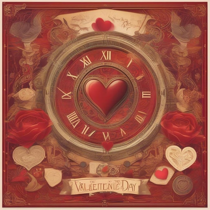 This beautifully crafted wallpaper is a perfect way to celebrate the spirit of love and romance on Valentine's Day. It features a vintage clock with a heart at its center, set against a rich red background filled with roses and other romantic symbols. The gold-bordered clock adds an elegant touch, making it suitable for both desktop and mobile use.