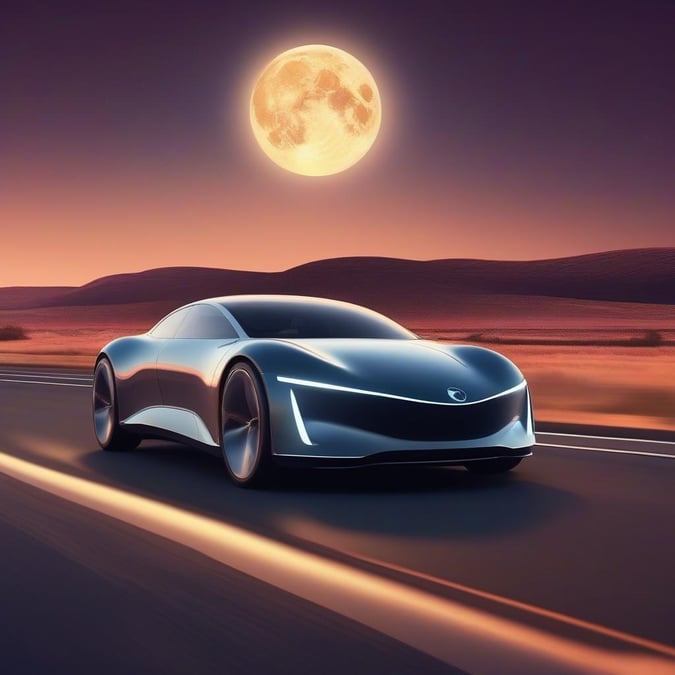 This stunning wallpaper features an electric car driving on a road under the moonlight, showcasing the beauty of modern transportation and the serenity of a nighttime drive.